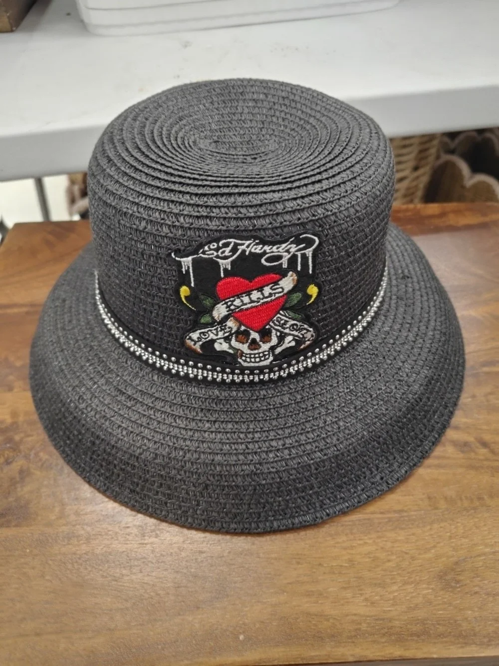 Ed Hardy Black Straw Bucket Hat with Red Heart Skull Patch and Rhinestone Band